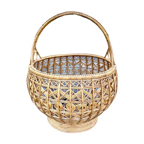 Mid 20th Century Vintage Large Woven Rattan Basket With Handle Chairish