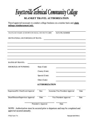 Fillable Online Faytechcc BLANKET TRAVEL AUTHORIZATION Fax Email Print