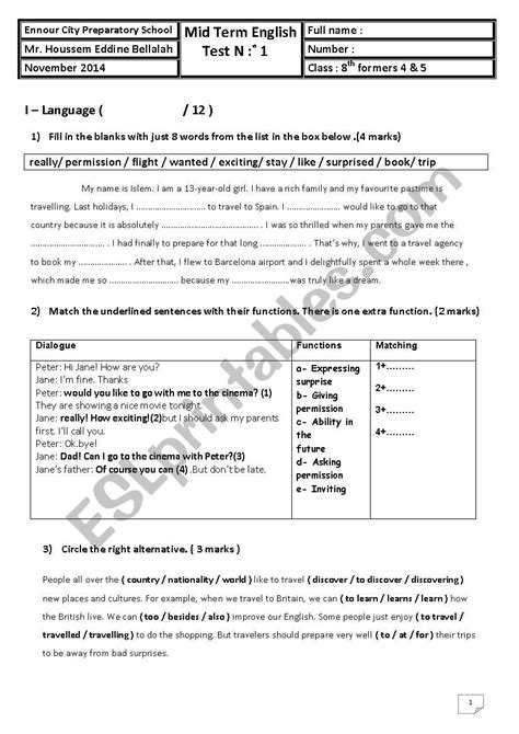 Th Form Mid Term Mid Semester Test Esl Worksheet By Djhoussem