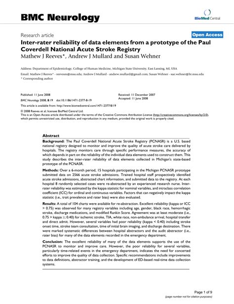 Pdf Inter Rater Reliability Of Data Elements From A Prototype Of The