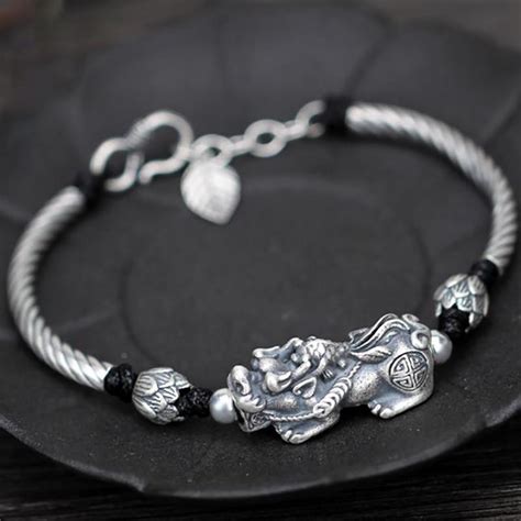 Thai Silver Feng Shui Pixiu And Lotus Wealth Bracelet Zenheavens