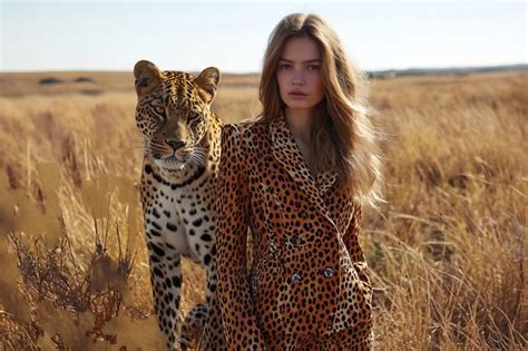 Premium Ai Image Minimalism A Woman In A Leopard Print Suit Stands