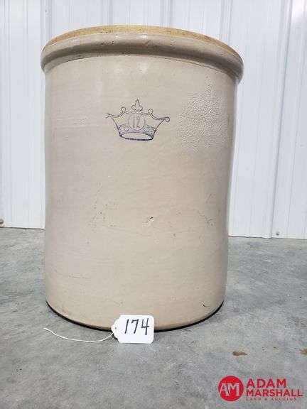 Antique 12 Gallon Stoneware Crock Robinson Ransbottom Blue Crown See