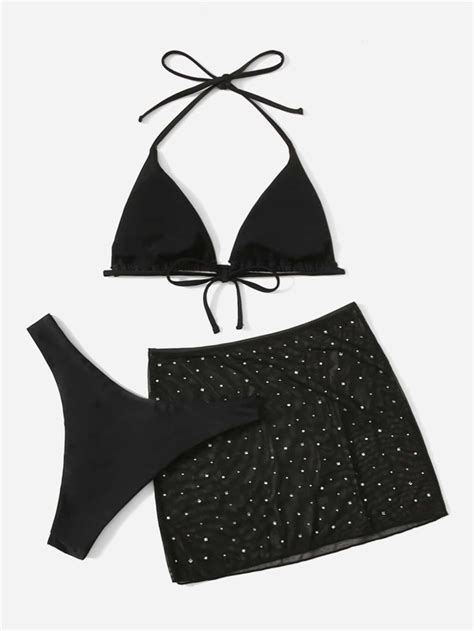 Shein Swim Y2glam Mesh Bikini Set Rhinestone Halter Triangle Bra Top