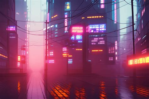 A Digital Graphic Of A Rainy Foggy Cyberpunk City In Neo Tokyo With