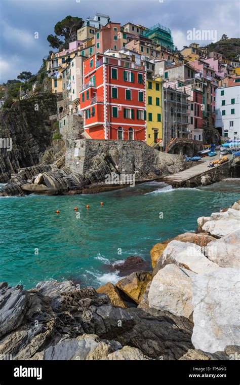 Riomaggiore Fisherman Village In A Dramatic Windy Weather Riomaggiore