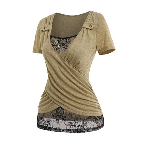 Summer Shirts For Women Tops Crossover Heathered Sheer Lace Faux