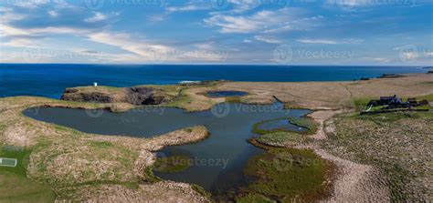 Aerial View of Coastal Landscape with Lakes and Ponds in Iceland