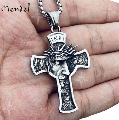 Mendel Mens Stainless Steel Jesus Christ Face Crucifix Cross Pendant