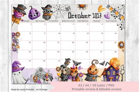 Editable October Calendar Happy Spooky Halloween Etsy