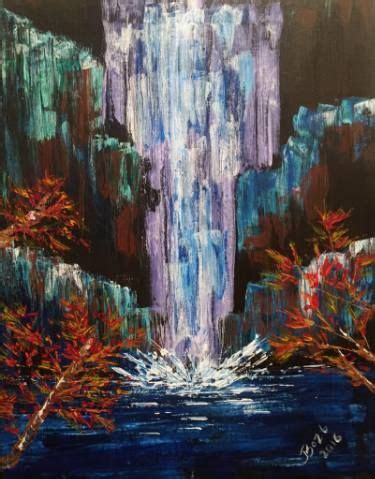 a painting of a waterfall surrounded by trees