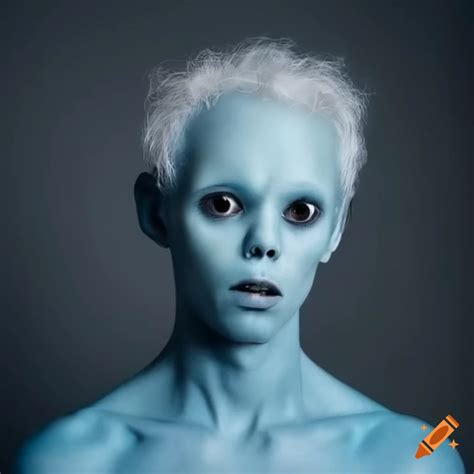 Realistic Photo Of A Sky Blue Skinned Humanoid Alien Man With White