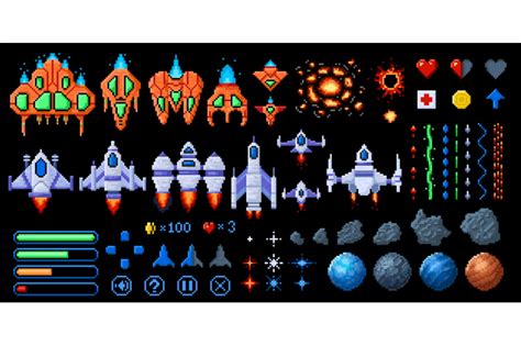 Pixel Art Space Game Elements 8bit Starships Asteroids And Planets