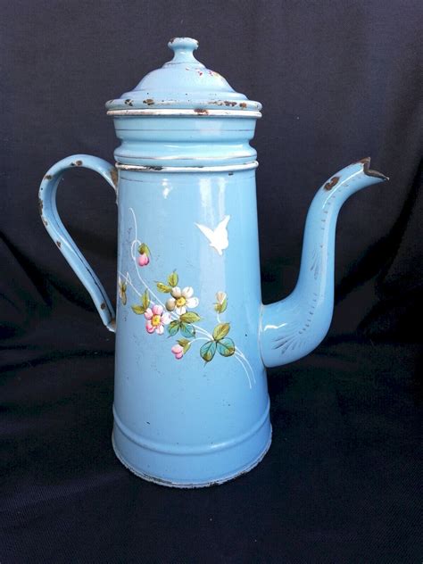 Ancienne Cafeti Re Maill E D Cor Fleurs Papillons Old Enameled Coffee