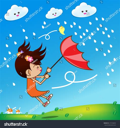 Little Girl Umbrella Rain Vector Illustration Stock Vector Royalty