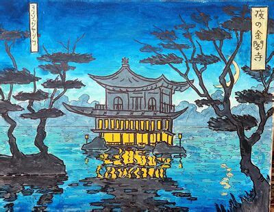 kinkaku ji temple at night - acrylic on canvas