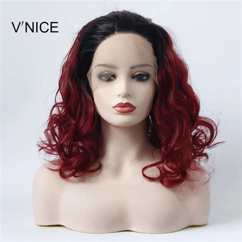 Vnice Dark Root Ombre Wine Red Wig Synthetic Lace Front Bob Wavy Wigs