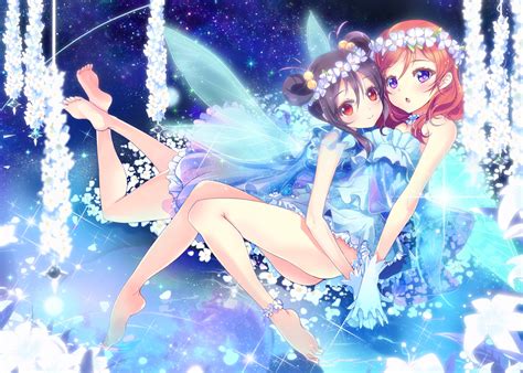 2girls Barefoot Black Hair Blue Eyes Choker Deeple Dress Flowers Gloves