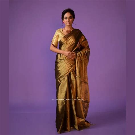 Antique Gold Handloom Chanderi Tissue Saree Golden Zari Work टशय