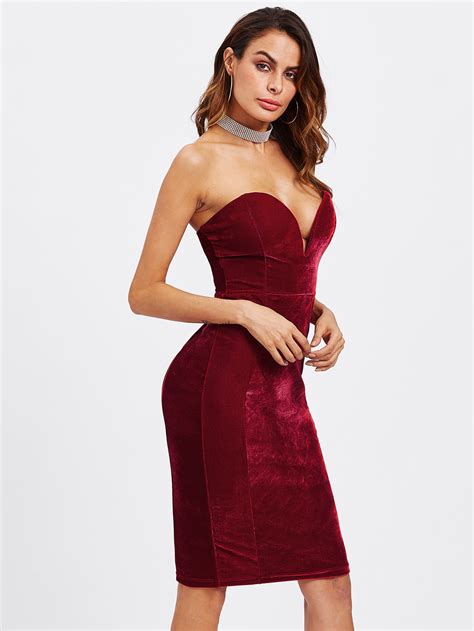 Plunging V Neckline Strapless Velvet Dress Shein Sheinside