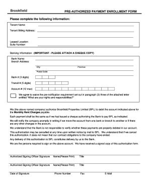 Fillable Online Pre Authorized Payment Form Brookfield Properties Fax