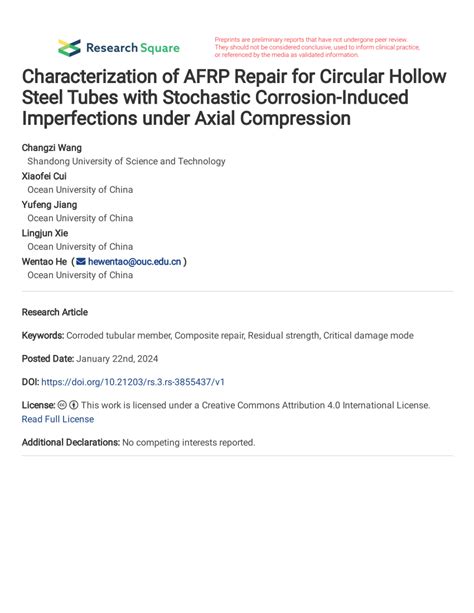 Pdf Characterization Of Afrp Repair For Circular Hollow Steel Tubes