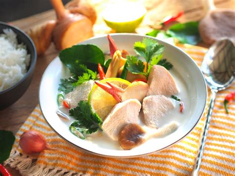 Sopa De Pollo Tailandesa Del Galangal En Leche O Tom Kha Gai Cremosa De