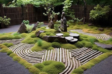 Premium Ai Image Zen Rock Garden With Raked Patterns And Moss Created