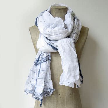 Long White Organic Cotton Scarf Blue Dulwich Stripe With Fleck Weave