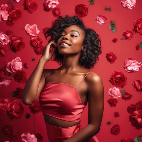 Una Mujer Con Un Vestido Rojo Se Para Frente A Un Fondo Rojo Con Flores