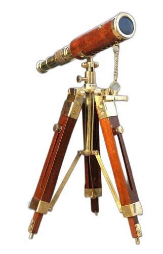 Antique Brass Leather Telescope Nautical With Stand Wooden Vintage