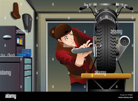 A Vector Illustration Of Man Fixing A Motorcycle In The Garage Stock