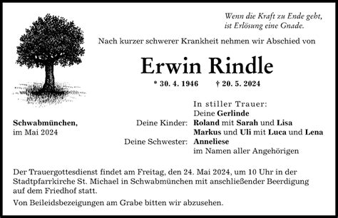 Traueranzeigen Von Erwin Rindle Augsburger Allgemeine Zeitung