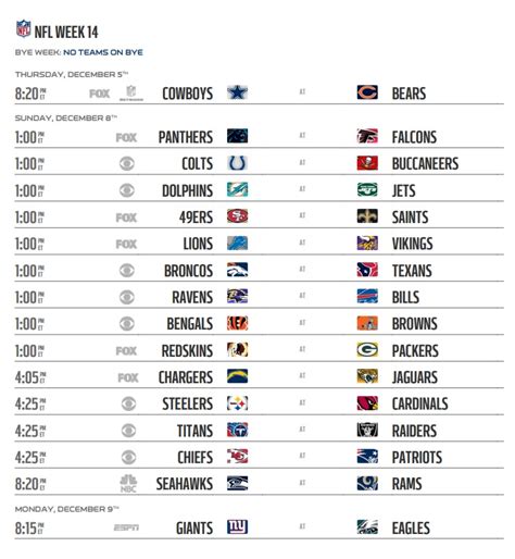 Nfl Week 14 Printable Schedule