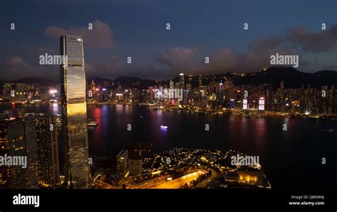 Icc Tower In West Kowloon Area During Evening One Of Highest Building