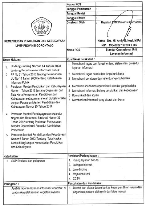 Sop Standar Operasional Unit Layanan Informasi Lpmp Gorontalo Pdf