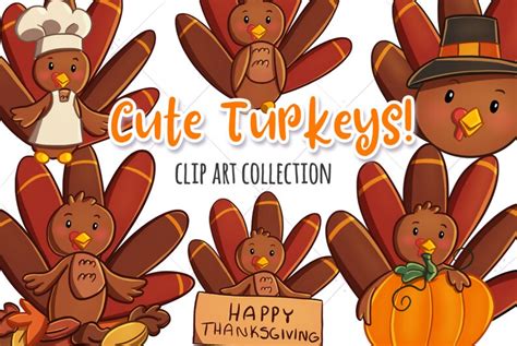 Cute Turkeys Thanksgiving Clip Art Fall Turkeys Kawaii Etsy