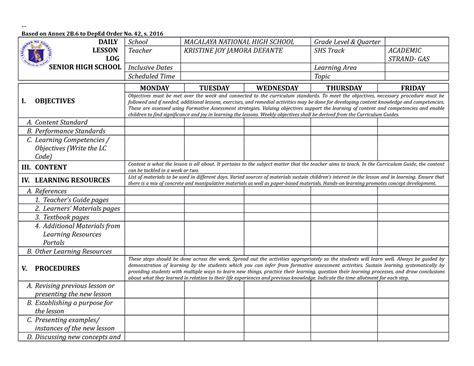 Shs Daily Lesson Log Dll Template By Daily Lesson Log Senior High Hot Sex Picture