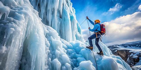 Ice Climbing Adventure Climber Ascending Frozen Waterfall In The