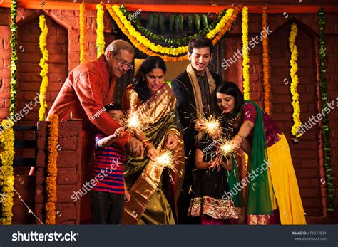 Indian Family Celebrating Diwali Festival Fire Stock Photo 471937094 ...