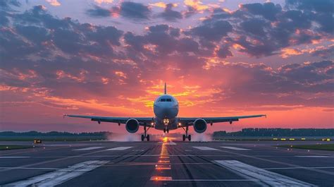 A Commercial Jet Touches Down On The Runway Against A Vibrant Sunset