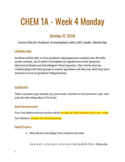 Lesson Plan 4 Monday Chem 1a Week 4 Monday October 21 2019