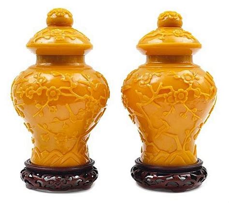 Imperial Yellow Peking Glass Covered Vases With Prunus Carvings Zother Oriental