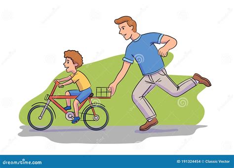 Father Teaching Son Riding Bicycle In Yard Stock Vector Illustration