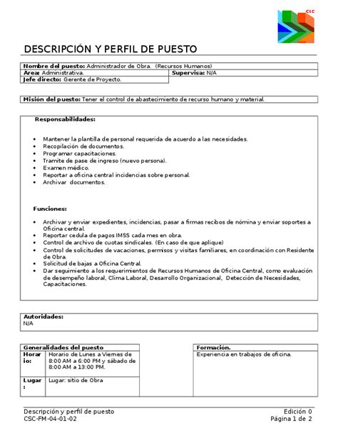 Doc 16 Descripción Y Perfil De Puesto Administrador De Obra Recursos Humanos