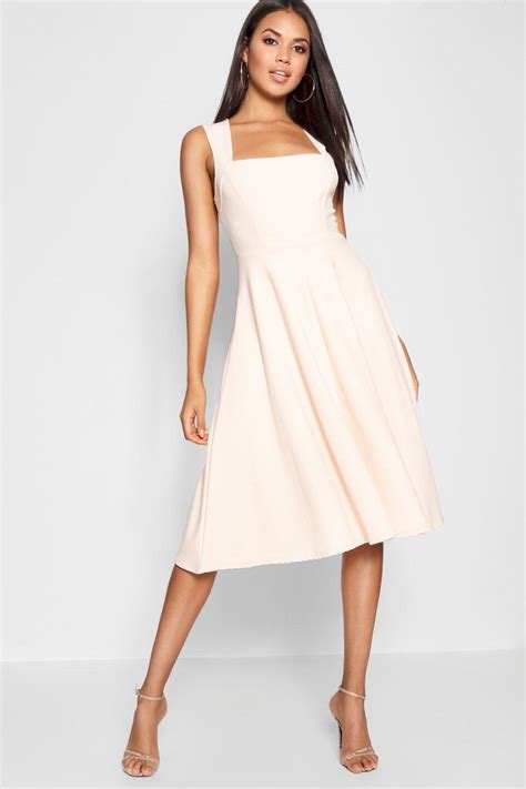 Lyst Boohoo Square Neck Midi Skater Dress In Natural