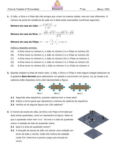 Pdf Ficha De Trabalho Nº 10 Revisões Matemática 7º Ano Março