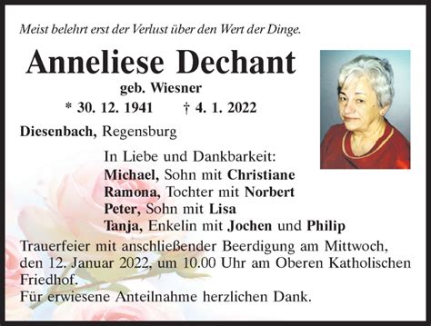 Traueranzeigen Von Anneliese Dechant Mittelbayerische Trauer