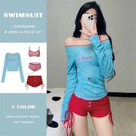 Swimsuits For Women S New Dopamine Bikini Four Piece Swimsuit Korean Long Sleeved Student