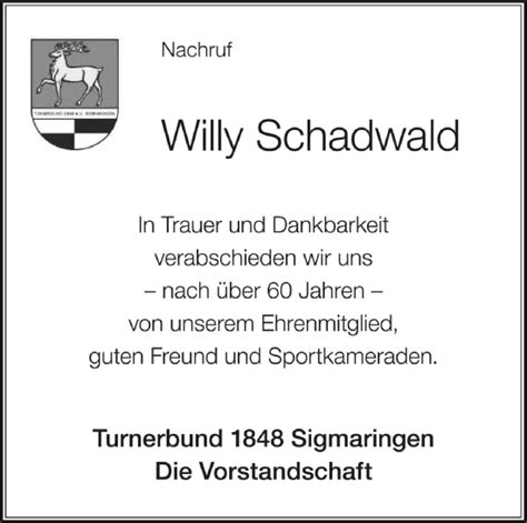 Traueranzeigen Von Willy Schadwald Schwaebische De Trauerportal